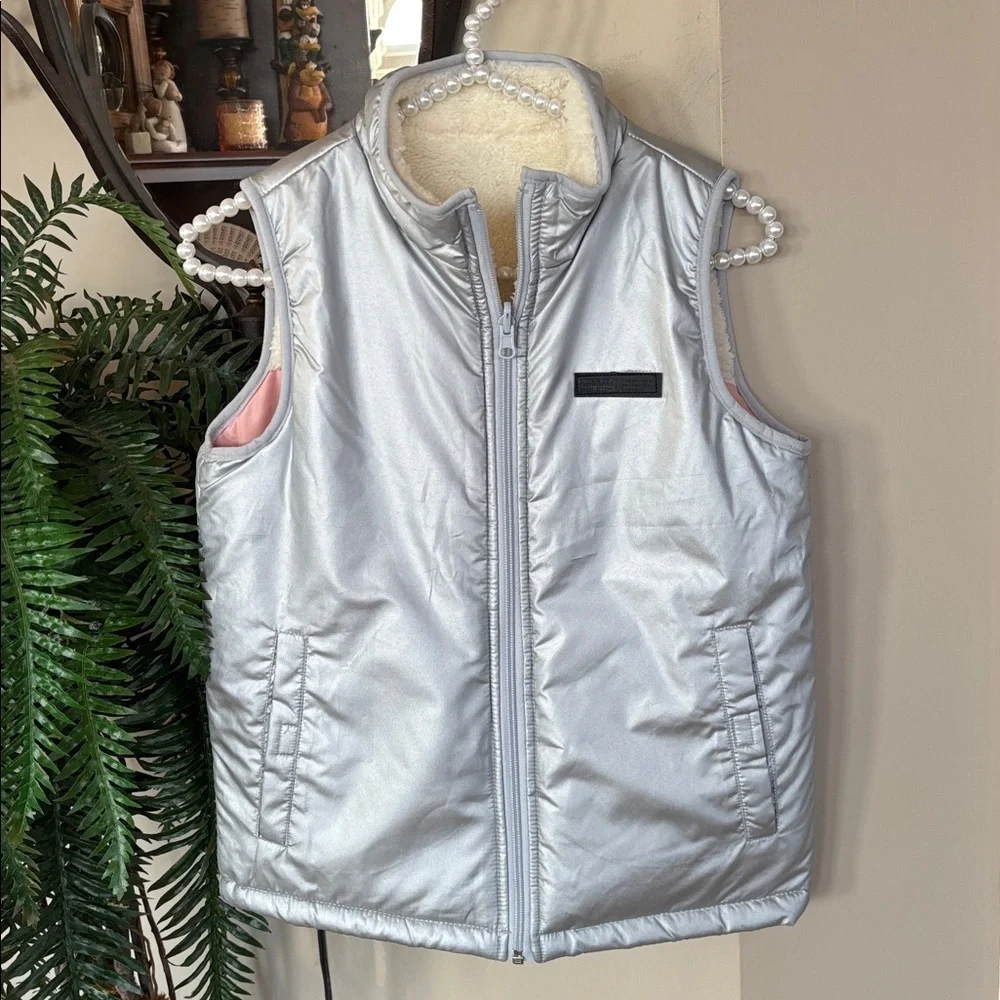 Buffalo David Bitton Reversible Zip Up Vest Silver Metallic & Pink Cream Sherpa